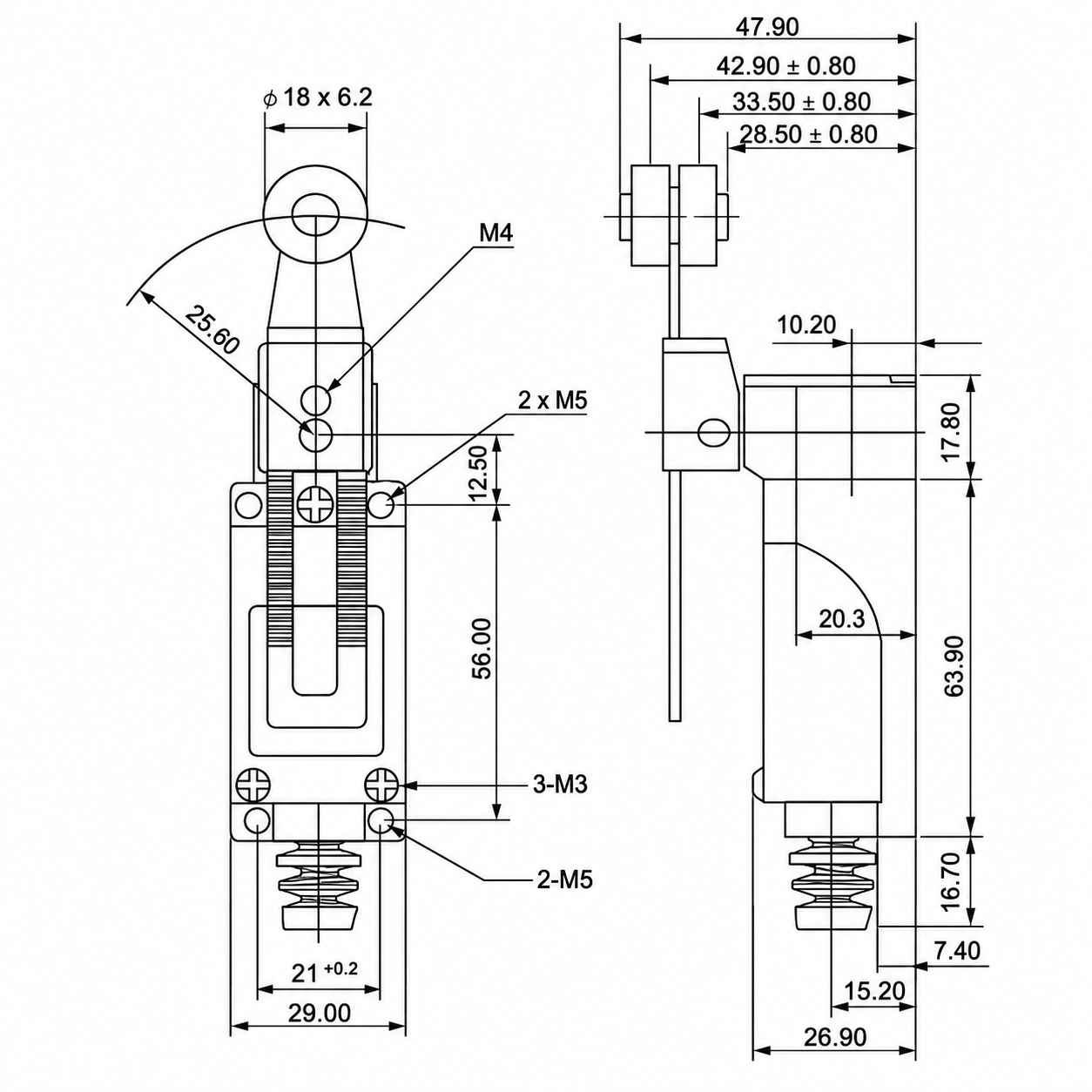 TZ-8108 Adjustable Roller Lever Vertical Limit Switch Installation and Dimensions